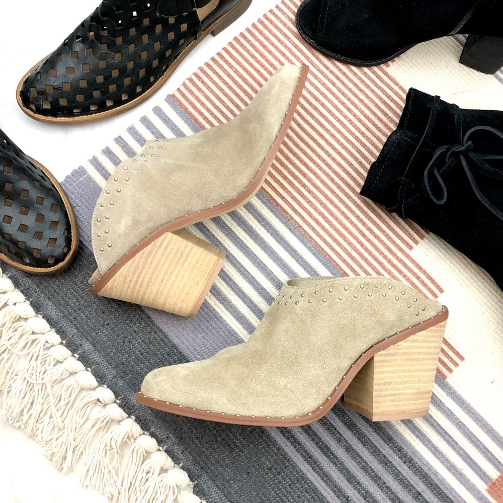 Beige Suede Block Heel Studded Western Mules